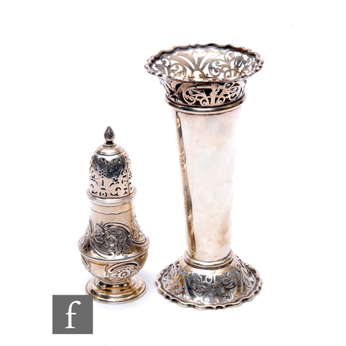 53 - Two hallmarked silver items to include a trumpet vase with pierced borders and a sugar castor, total... 