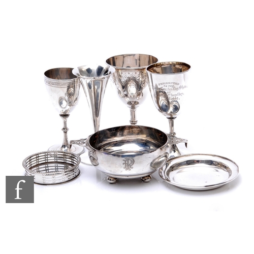 4 - Seven items of hallmarked silver to include three goblets, a coaster, a trumpet vase etc, total weig... 