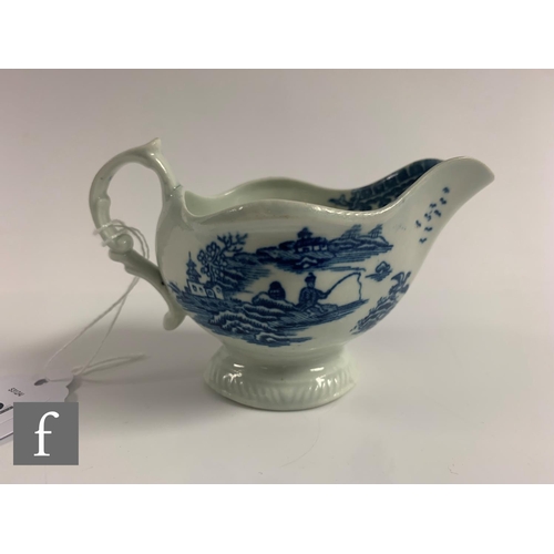 88 - A Worcester blue and white fisherman pattern sauce boat, circa 1780, printed decoration over white g... 