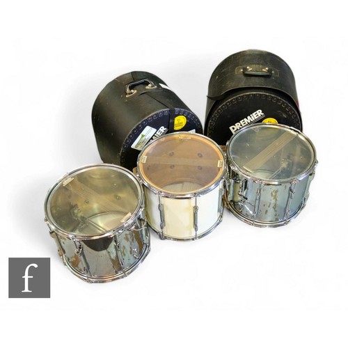 532 - Three Rose Morris Clansman eight lugs marching snare drums 14 inch x 12 inch, two with hard cases, t... 