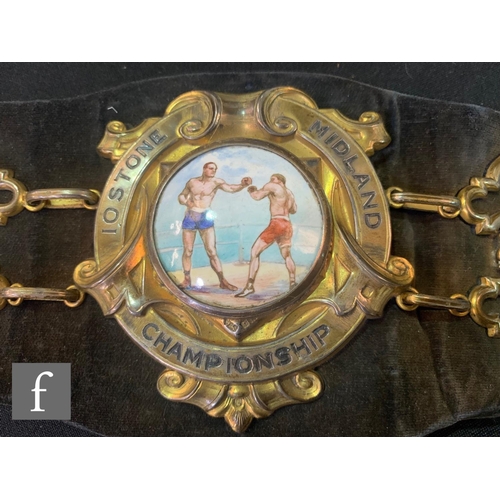 507 - A 1923 boxing belt for the 10 Stone Midland Championship with coloured enamelled depicting two boxer... 