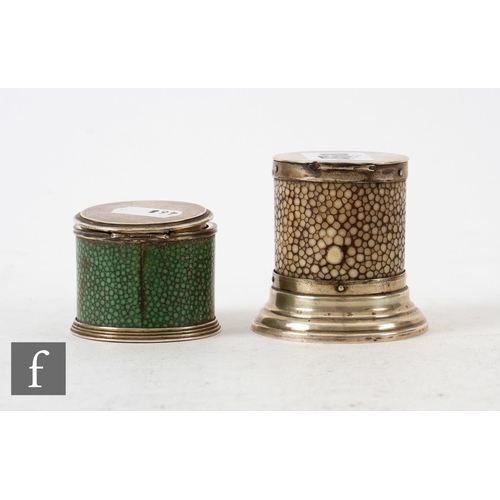 468 - A late 19th Century hallmarked silver and shagreen desk match strike of cylindrical form with steppe... 