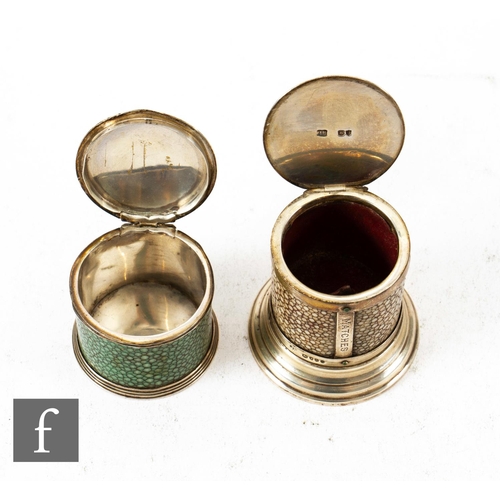 468 - A late 19th Century hallmarked silver and shagreen desk match strike of cylindrical form with steppe... 