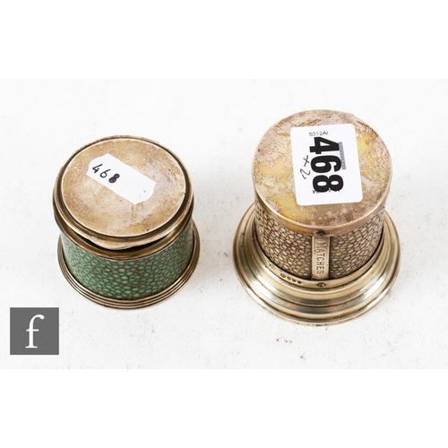 468 - A late 19th Century hallmarked silver and shagreen desk match strike of cylindrical form with steppe... 