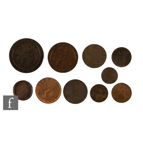 17 - George III - A 1797 Cartwheel two pence, a 1797 penny, half pennies dated 1771, 1799 and 1806, farth... 