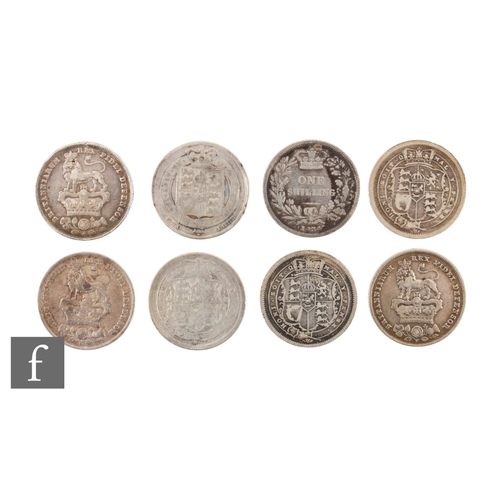 71 - George III to George IV - Eight shillings, two 1816, 1819, 1825, three 1826 and 1834. (8)