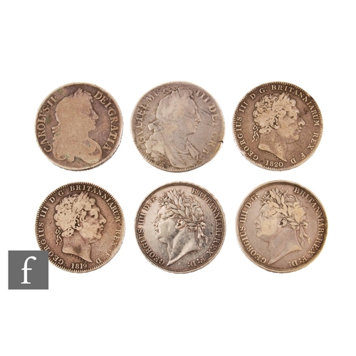 74 - Charles II to George IV - Six crowns 1673, 1696, 1819, 1820, 1821 and 1822. (6)