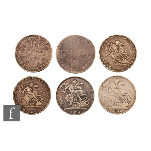 74 - Charles II to George IV - Six crowns 1673, 1696, 1819, 1820, 1821 and 1822. (6)