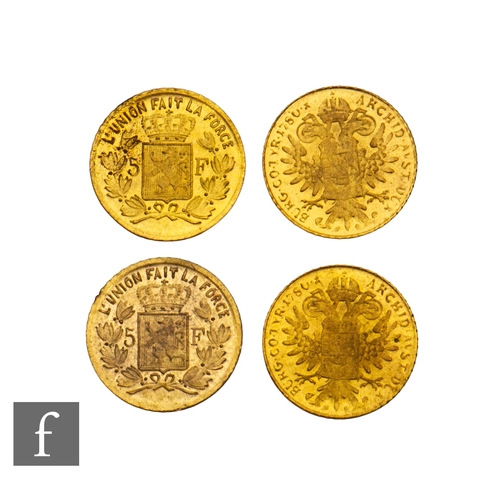 385 - Belgium - Two Leopald II miniature five francs and two miniature Theresa coins, 1g.