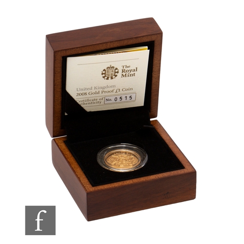 391 - Elizabeth II - A 2008 proof one pound sovereign, with certificate No 0515, cased, 19.61g.