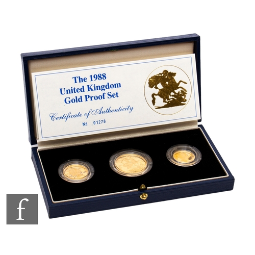 407 - Elizabeth II - A 1988 half sovereign to two pound three coin set, with certificate, cased.