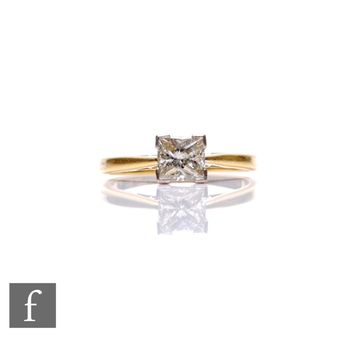 244 - An 18ct hallmarked diamond solitaire, princess cut stone, weight approximately 0.75ct, colour L/M, c... 