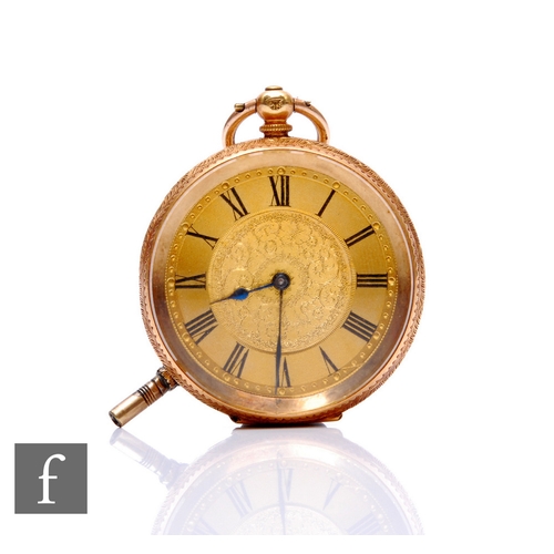 314 - A late 19th Century 18ct open faced fob watch, Roman numerals to a gilt dial, case diameter 36mm, me... 