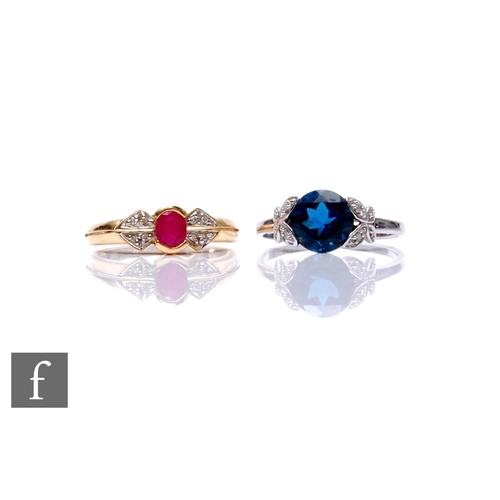 249 - Two 9ct hallmarked stone set ring to include a lolite and a ruby and diamond set example, total weig... 