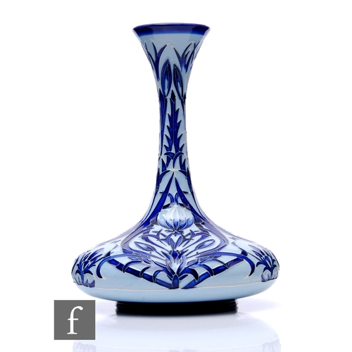 89 - A Moorcroft pottery blue on blue ships decanter vase by Rachel Bishop, circa 2004, of compressed for... 