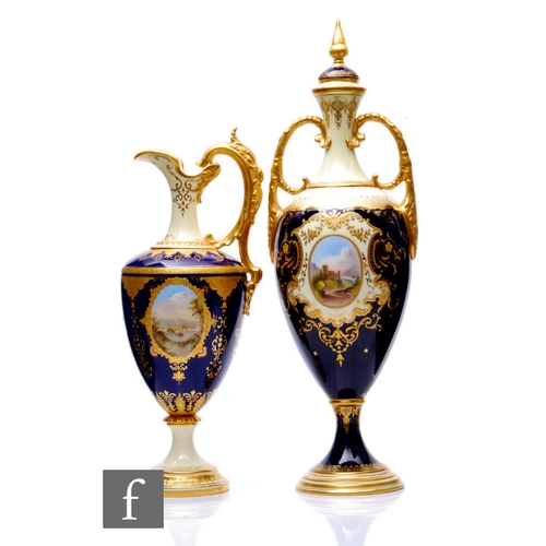 92 - A Coalport porcelain ewer by J H Plant, circa 1910, of ovoid pedestal form with high drawn spout and... 