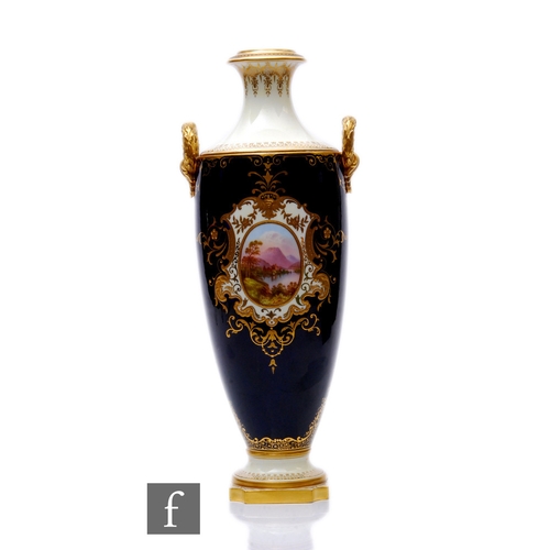 93 - A Coalport porcelain vase of elongated shouldered form with gilt laurel wreath handles, decorated wi... 