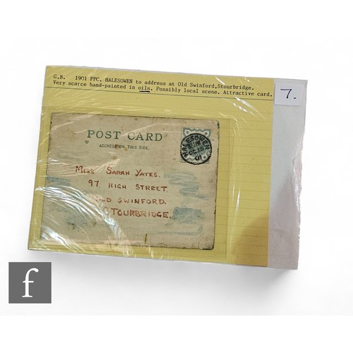 610 - A postcard dated 1901 with a Halesowen half penny green cancellation stamp, the reverse painted in o... 