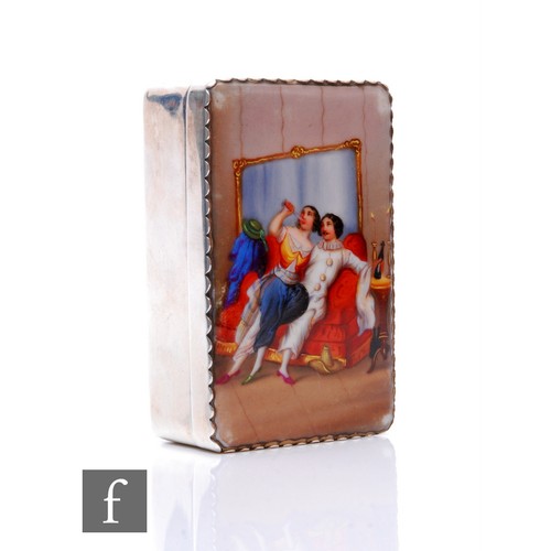 87 - A hallmarked silver rectangular snuff box with a transfer printed scene of a Pierrot clown and a wom... 