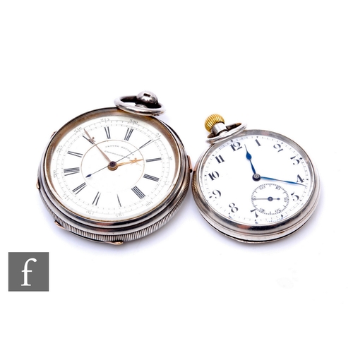 320 - A Victorian hallmarked silver open faced chronograph pocket watch Roman numerals to a white circular... 