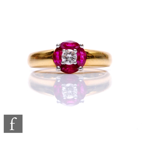 268 - An 18ct hallmarked ruby and diamond ring, central brilliant cut diamond, weight approximately 0.25ct... 