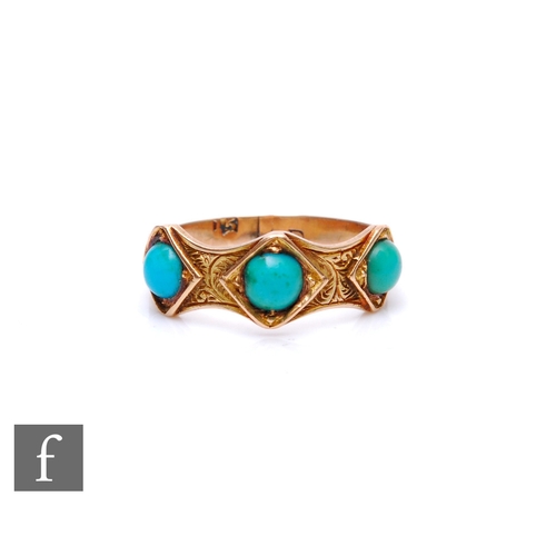 269 - A late 19th Century 15ct three stone turquoise ring with foliate engraved decoration, weight 2.3g, r... 