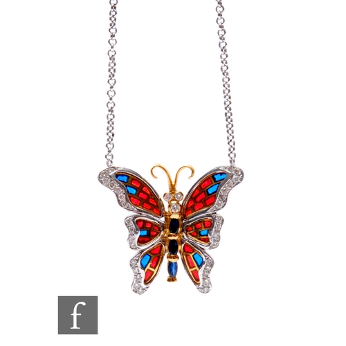 272 - An 18ct butterfly pendant detailed with diamonds, sapphires and enamel highlights, suspended from an... 