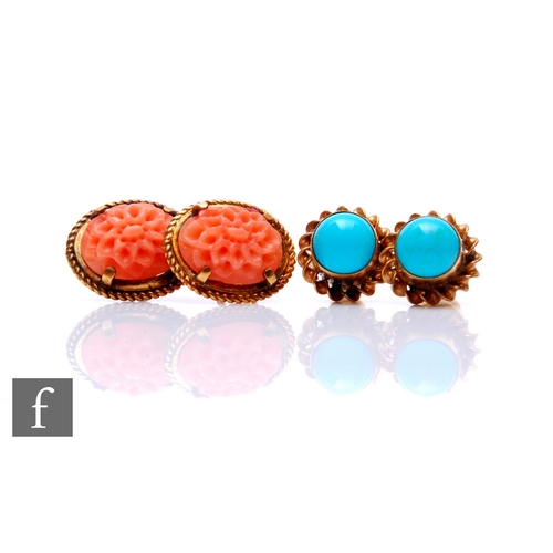 278 - Two pairs of stud earrings, the first faux coral, carved with floral designs on 9ct backs, together ... 