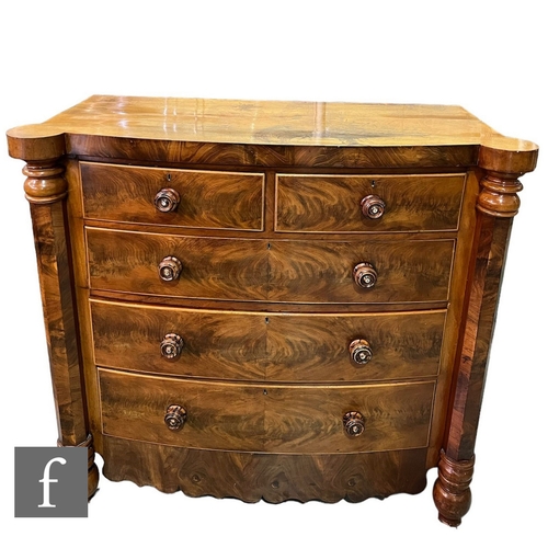 592 - A Victorian mahogany bowfront chest of two short and three long drawers, turned wood handles with in... 