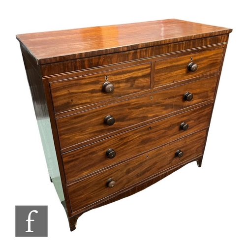 632 - A Victorian mahogany straight front chest of two short and three long drawers, turned wood handles, ... 