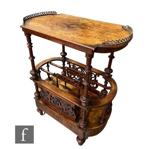 609 - A Victorian burr walnut and marquetry two tier what-not, the brass double end gallery top supported ... 