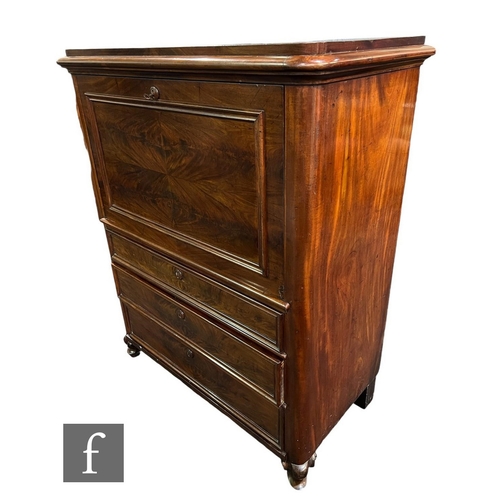 631 - A 19th Century mahogany secretaire d'abbatant, the fitted drawer interior centred by a cupboard door... 