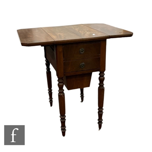 628 - A 19th Century mahogany drop flap work table with slide bag drawer, on octagonal turned legs, height... 