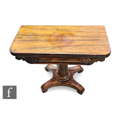 637 - A 19th Century rosewood demi-lune fold over tea table on doric pedestal and scroll platform base, he... 