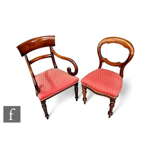 608 - A set of six Victorian mahogany balloon back dining chairs, shaped backs on turned legs to the front... 