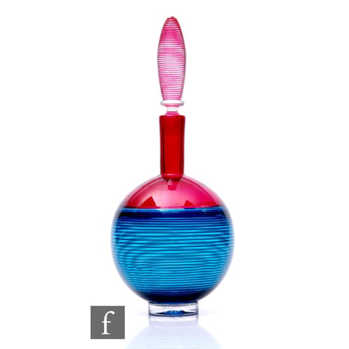 1138 - Bob Crooks - A Spirale Encalmo studio glass decanter and stopper in ruby and teal, the decanter of f... 