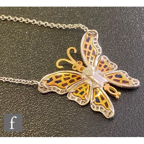 272 - An 18ct butterfly pendant detailed with diamonds, sapphires and enamel highlights, suspended from an... 