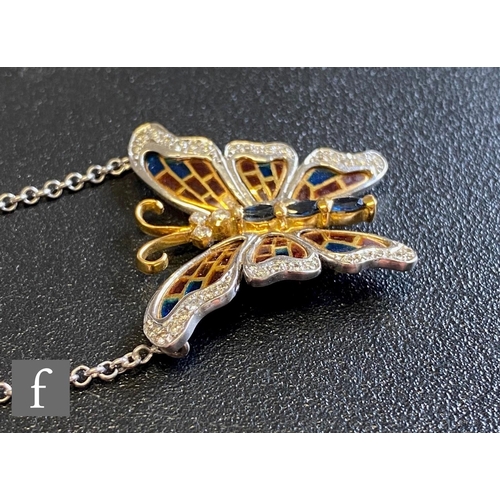 272 - An 18ct butterfly pendant detailed with diamonds, sapphires and enamel highlights, suspended from an... 