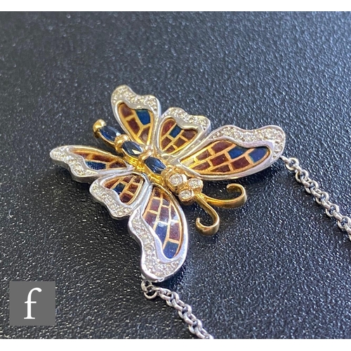 272 - An 18ct butterfly pendant detailed with diamonds, sapphires and enamel highlights, suspended from an... 