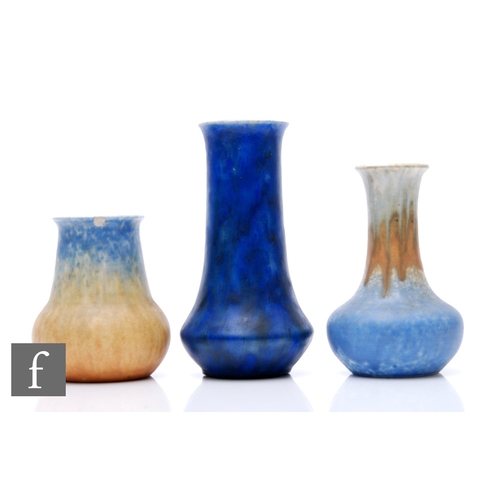 118 - Ruskin Pottery - A crystalline vase of bottle form with flared rim, pale grey/blue to orange drip gl... 