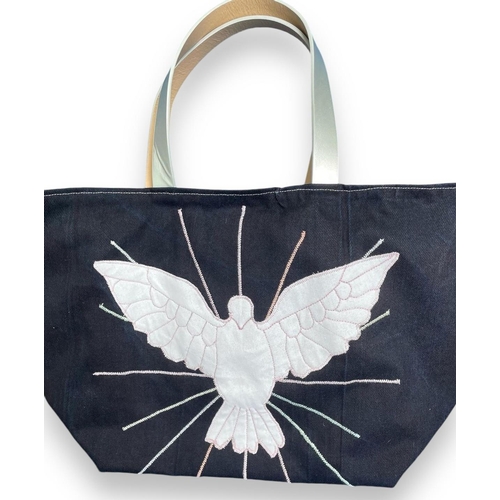 109 - Lynda Berry (Textile artist) - Navy blue lined tote bag with embroidered applique on natural denim w... 