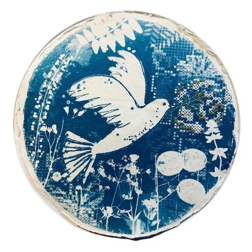 110 - Kim Tillyer (Artist) - Cyanotype and hand embroidered print on handmade Khadi paper, circular, diame... 