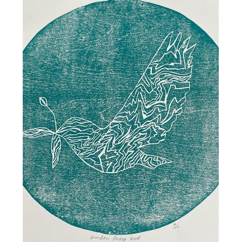 112 - Zoe Needle (Artist) - 'Linden Peace Bird', wood cut print on Fabriano paper, circular, 28.5cm x 28.5... 