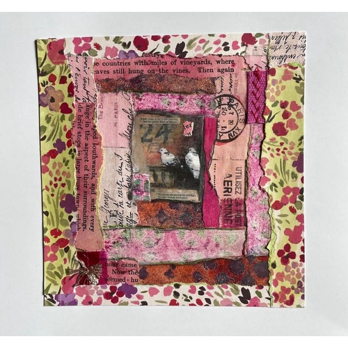 176 - Jane Stock (Artist based in Northamptonshire) - 'Doves Torn', paper collage and paint, framed, 15cm ... 