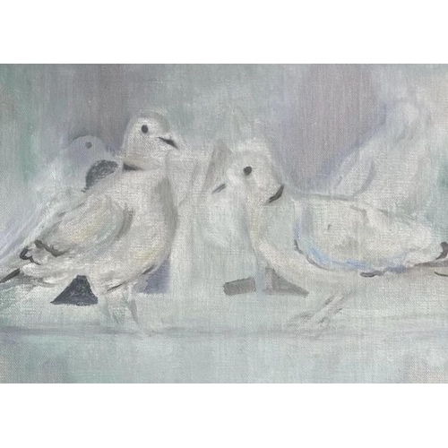 77 - Mandy Hudson (Artist) - 'Collared Doves', oil painting on jute canvas, unframed, 25cm x 30cm.