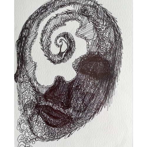 78 - Bettina Calder (South African artist) - 'Head', black fine line drawing, 19cm x 14cm, mounted 32cm x... 