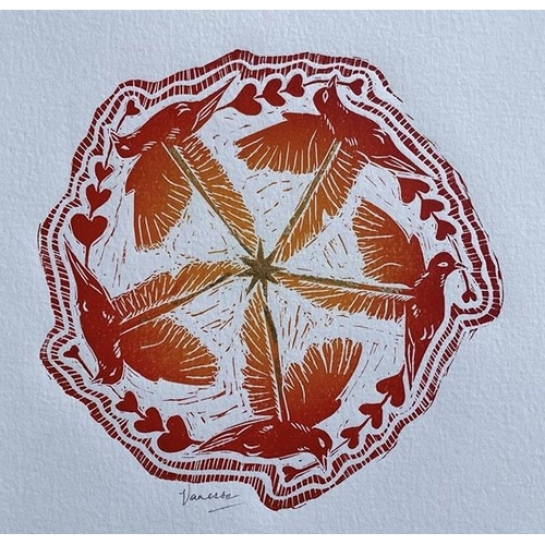 21 - Vanessa Hernandez (Printmaker and pattern designer) - Red lino print, 21cm x 20cm, card mounted 35cm... 