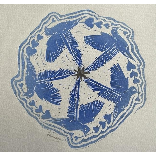 22 - Vanessa Hernandez (Printmaker and pattern designer) - Blue lino print, 19cm x 19cm, card mounted 32.... 