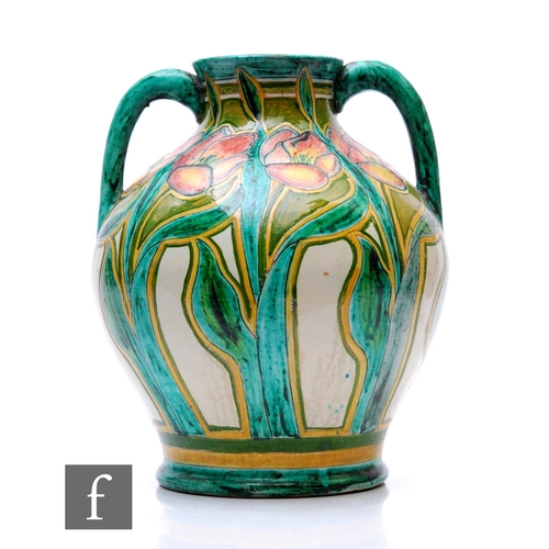 51 - Charles Collis and John Fogo - Della Robbia - A large red earthenware vase of twin handled shouldere... 