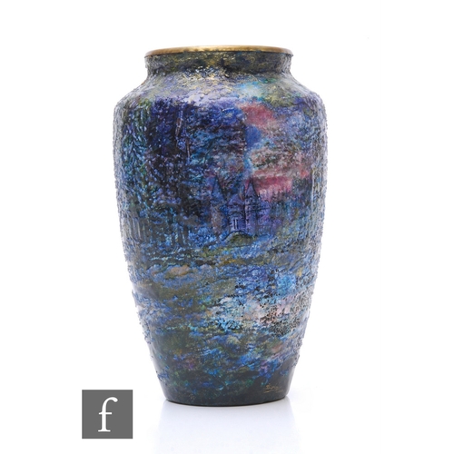 52 - Jules Sarlandie (1874-1966) - Limoges - An early 20th Century enamel on copper vase, shouldered form... 